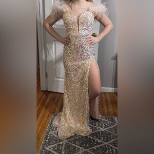 Sequin High-Slit Evening Dress in Iridescent Pink